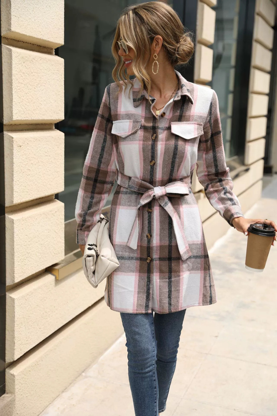 ZARA Elegant Womens Long Sleeve Striped Plaid Dress Coffee Pink Autumn Winter